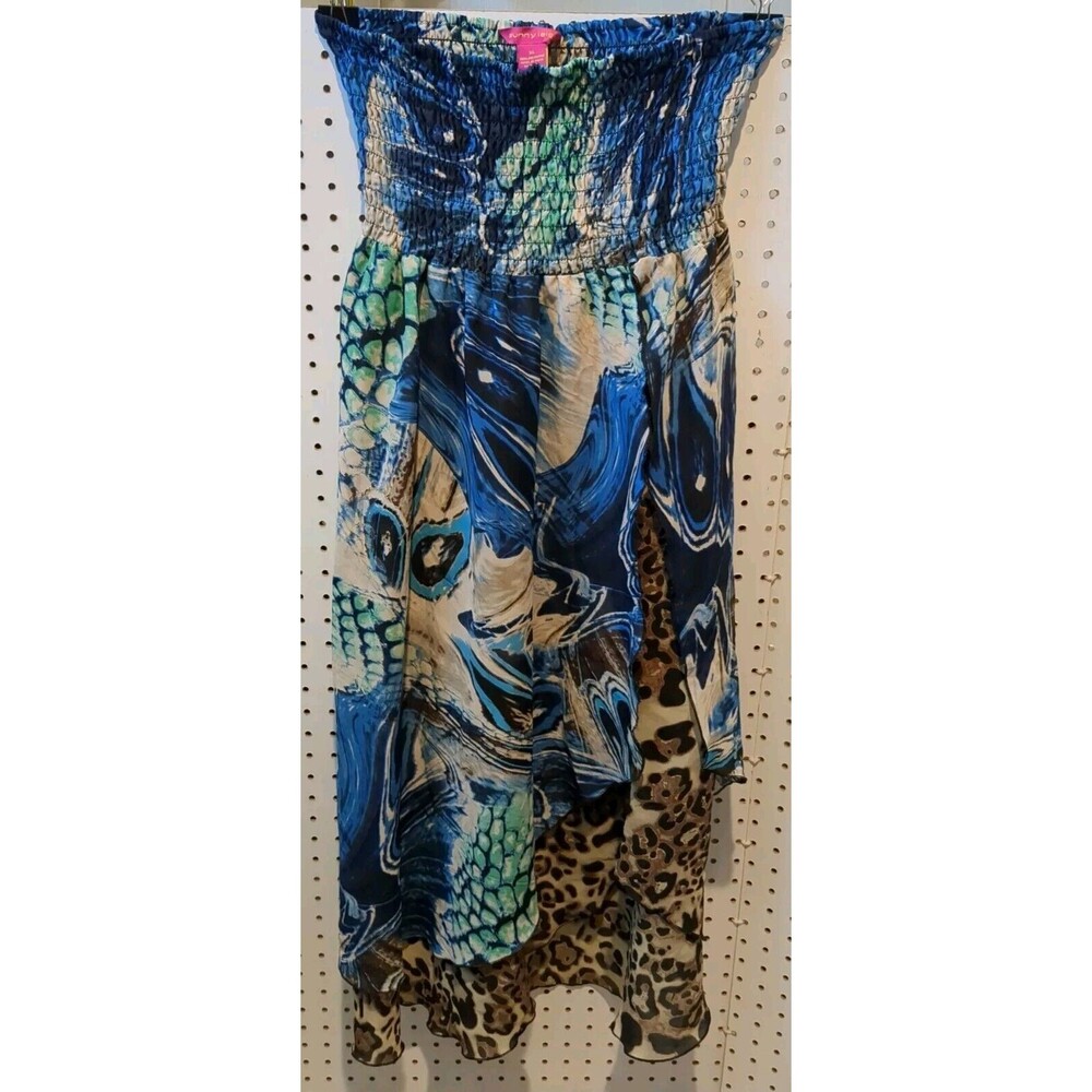 Sunny Leigh Dress XL Animal Print Blue Brown Sun Sheer Sleeveless
